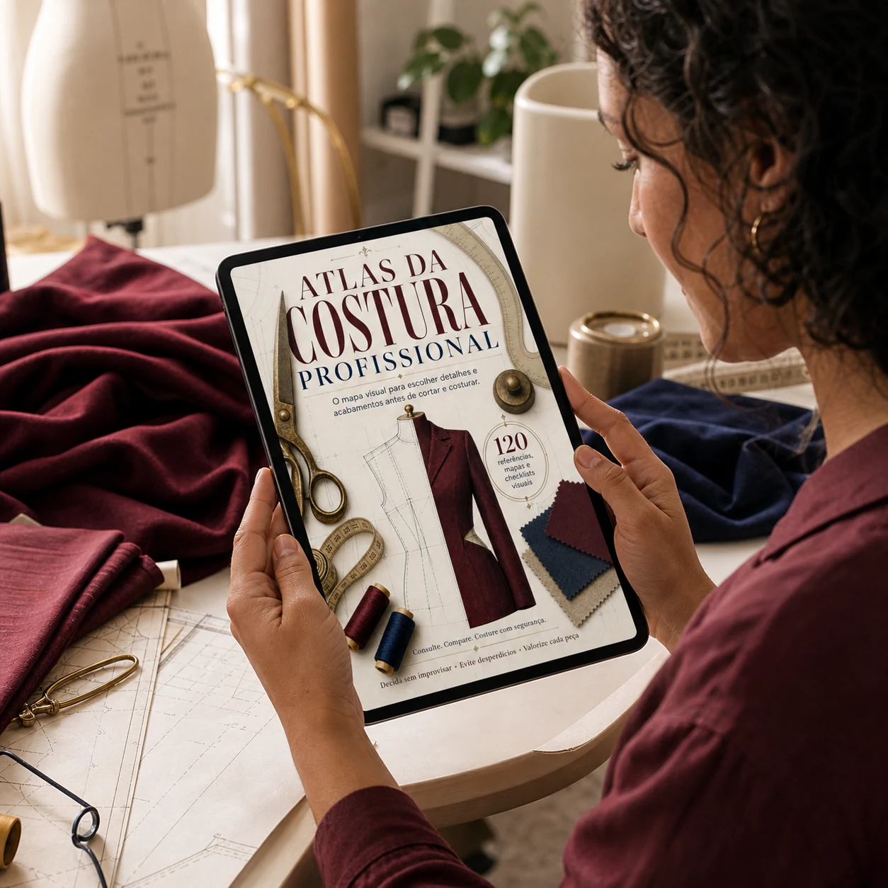 Costureira consultando o Atlas da Costura Profissional em um tablet antes de cortar o tecido