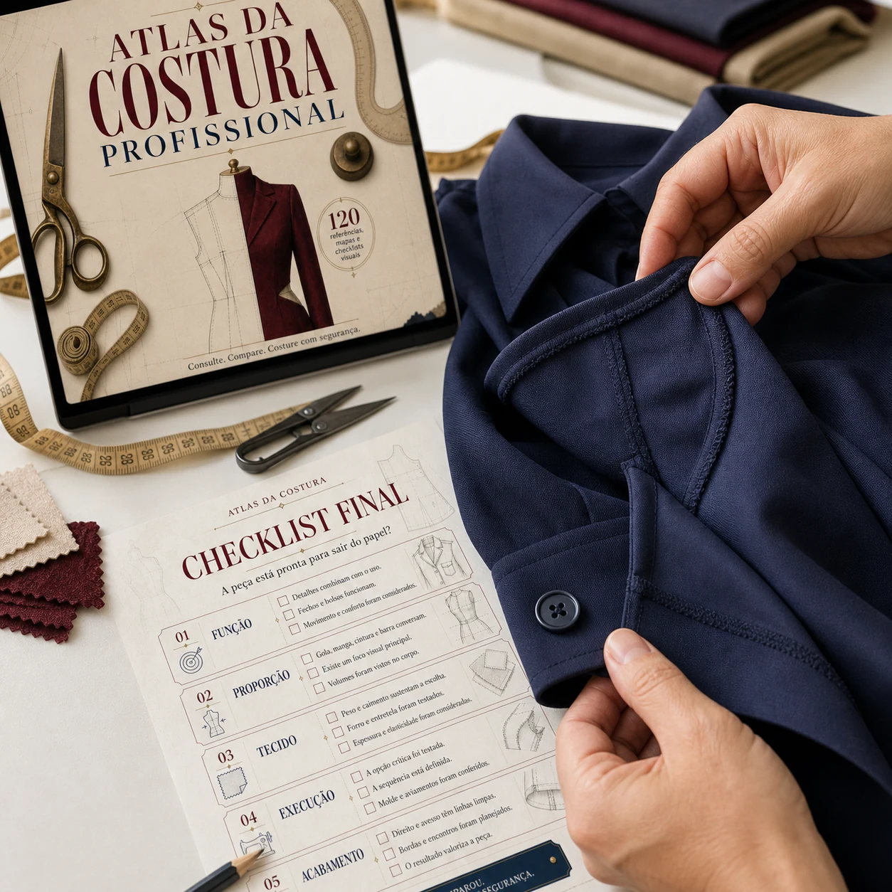 Close da conferência de acabamento de uma peça com o Atlas da Costura Profissional